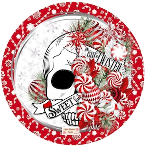 May include: A white skull with a red and white candy cane wreath around it. The wreath has the text "Sweet but a little Twister" on a red banner. The background is red with a white candy cane pattern.