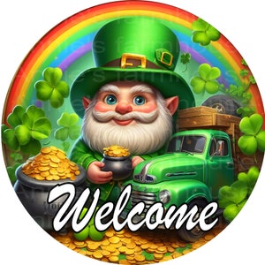 Round metal wreath sign, st. Patrick&#39;s Day, leprechaun, Shamrock Welcome sign