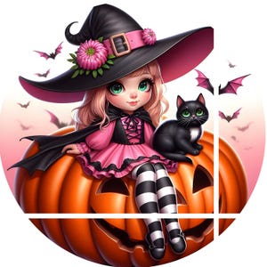 october witch round metal wreath sign, whimsical witch Halloween wreath sign, center, attachment