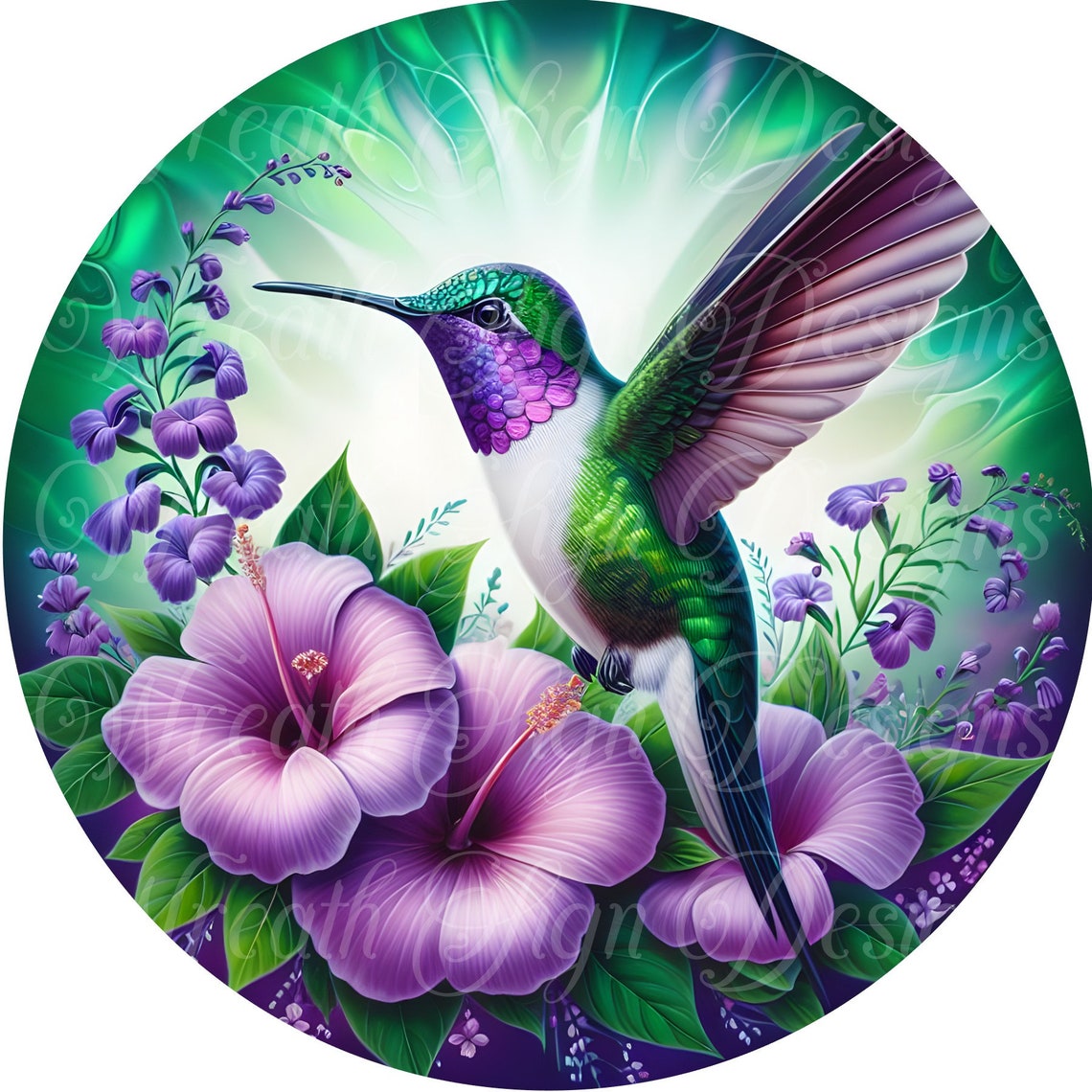 Hummingbird Floral Metal Sign: Lavender & Green Wreath Center - Etsy