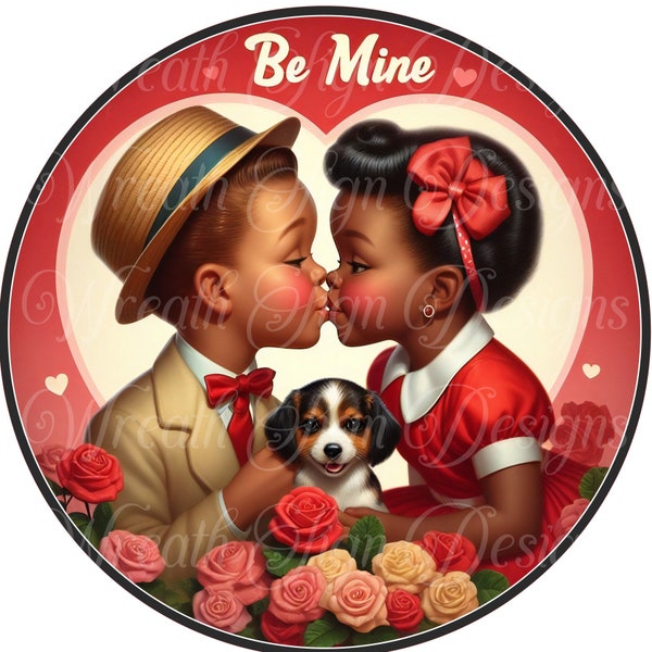 Retro look 1950s's African American, Black, Melanin children in love, Valentine's Day Be Mine Wreath sign, wreath center, plaque