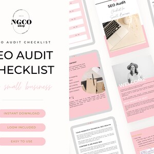 May include: A pink and white checklist for a small business SEO audit. The checklist includes sections for content, technical SEO health, and on-page SEO. The checklist is available for instant download and includes a Loom video tutorial. The text "SEO Audit Checklist for small business" is displayed in a large font at the top of the checklist.