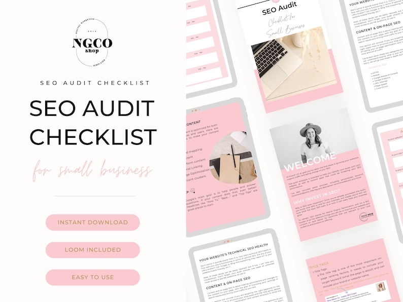 Puede incluir: Una lista de verificaci&oacute;n rosa y blanca para una auditor&iacute;a SEO de peque&ntilde;as empresas. La lista de verificaci&oacute;n incluye secciones para contenido, salud t&eacute;cnica de SEO y SEO en la p&aacute;gina. La lista de verificaci&oacute;n est&aacute; disponible para descarga instant&aacute;nea e incluye un tutorial en video de Loom. El texto "SEO Audit Checklist for small business" se muestra en una fuente grande en la parte superior de la lista de verificaci&oacute;n.
