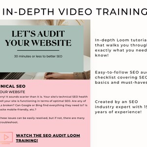 Puede incluir: Un gr&aacute;fico rosa y verde con el texto "Let's Audit Your Website" y "Tutorial completo de Loom que te gu&iacute;a paso a paso sobre lo que necesitas saber!" El gr&aacute;fico tambi&eacute;n incluye el texto "Technical SEO and Your Website" y "Watch the SEO Audit Loom Training!"