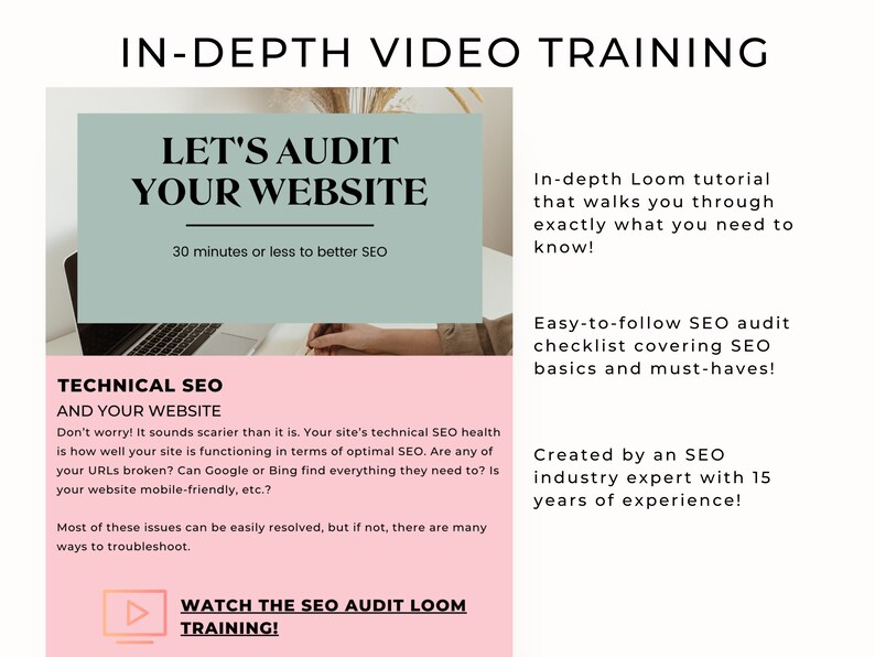 Puede incluir: Un gr&aacute;fico rosa y verde con el texto "Let's Audit Your Website" y "Tutorial completo de Loom que te gu&iacute;a paso a paso sobre lo que necesitas saber!" El gr&aacute;fico tambi&eacute;n incluye el texto "Technical SEO and Your Website" y "Watch the SEO Audit Loom Training!"