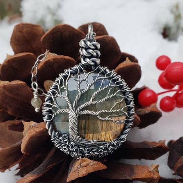 Reserved Faceted Multicolor Labradorite Moon  Solid Silver  Wire Tree of Life Necklace 18 Inch Chain Priority Ship in USA