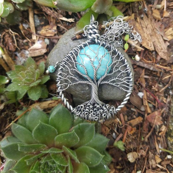 Made to Order Solid .999 Fine Silver Turquoise Howlite Moon Double Sided Tree of Life Necklace With Sterling Silver Chain Priority