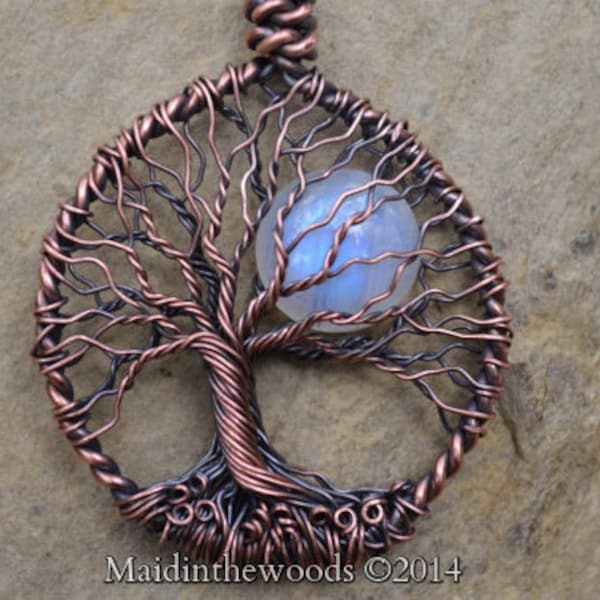 Blue Flash Moonstone Tree of Life Necklace: Hand Sculpted Copper Pendant
