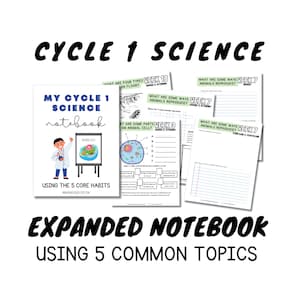 Puede incluir: Una cubierta de cuaderno imprimible colorida para un cuaderno de ciencias del ciclo 1. La cubierta presenta a un cient&iacute;fico de dibujos animados sosteniendo una pizarra con las palabras "Mi cuaderno de ciencias del ciclo 1" y "Usando los 5 h&aacute;bitos b&aacute;sicos".