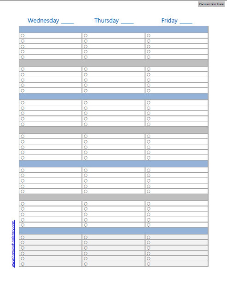 May include: A printable daily planner with a checklist for Wednesday, Thursday, and Friday. The planner has a light blue and gray color scheme.