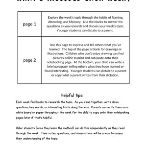 K&ouml;nnte beinhalten: Ein schwarz-wei&szlig;es druckbares Arbeitsblatt mit dem Titel "What's Included Each Week?" Das Arbeitsblatt ist in zwei Abschnitte unterteilt, "Seite 1" und "Seite 2". Seite 1 beschreibt, wie man ein Thema durch die Gewohnheiten des Benennens, Teilnehmens und Erinnerns erforscht. Seite 2 beschreibt, wie man anderen mitteilt, was man gelernt hat. Das Arbeitsblatt enth&auml;lt auch hilfreiche Tipps zur Verwendung der Seiten.