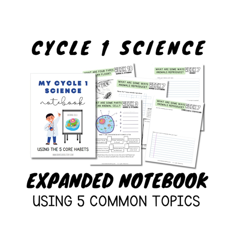 Puede incluir: Una cubierta de cuaderno imprimible colorida para un cuaderno de ciencias del ciclo 1. La cubierta presenta a un cient&iacute;fico de dibujos animados sosteniendo una pizarra con las palabras "Mi cuaderno de ciencias del ciclo 1" y "Usando los 5 h&aacute;bitos b&aacute;sicos".