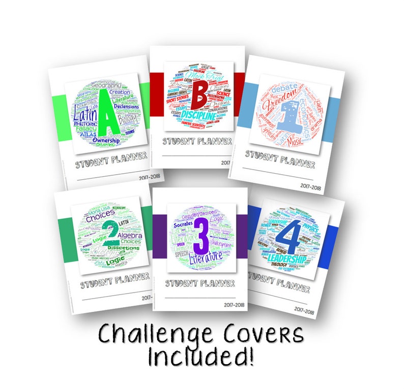 May include: Six colorful student planner covers with word clouds featuring different academic subjects and numbers 1 through 4. The word clouds are in a circle with a white background and a colored border. The text "STUDENT PLANNER" and the year "2017-2018" are printed below each cover. The text "Challenge Covers Included!" is printed below the covers.