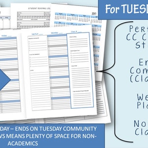 May include: Editable PDF planner for Tuesday groups. The planner includes a calendar, a reading log, and a weekly schedule. It starts on Wednesday and ends on Tuesday Community Day. The planner has 7 rows for plenty of space for non-academics.