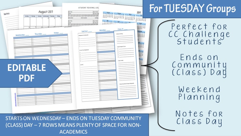 May include: Editable PDF planner for Tuesday groups. The planner includes a calendar, a reading log, and a weekly schedule. It starts on Wednesday and ends on Tuesday Community Day. The planner has 7 rows for plenty of space for non-academics.
