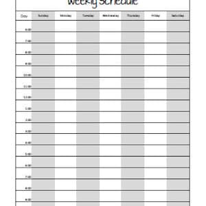 May include: A black and white printable weekly schedule template with the text "Weekly Schedule" at the top. The template is divided into seven columns for each day of the week and 18 rows for each hour of the day, starting at 6:00 AM and ending at 12:00 AM.