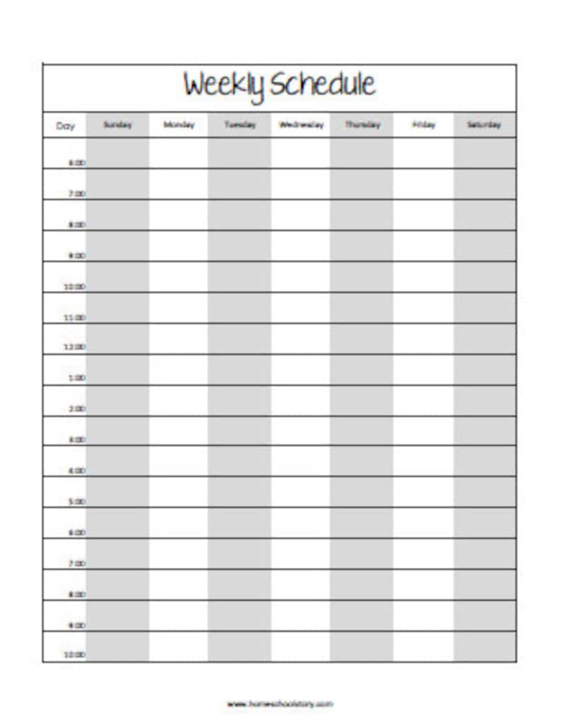 May include: A black and white printable weekly schedule template with the text "Weekly Schedule" at the top. The template is divided into seven columns for each day of the week and 18 rows for each hour of the day, starting at 6:00 AM and ending at 12:00 AM.