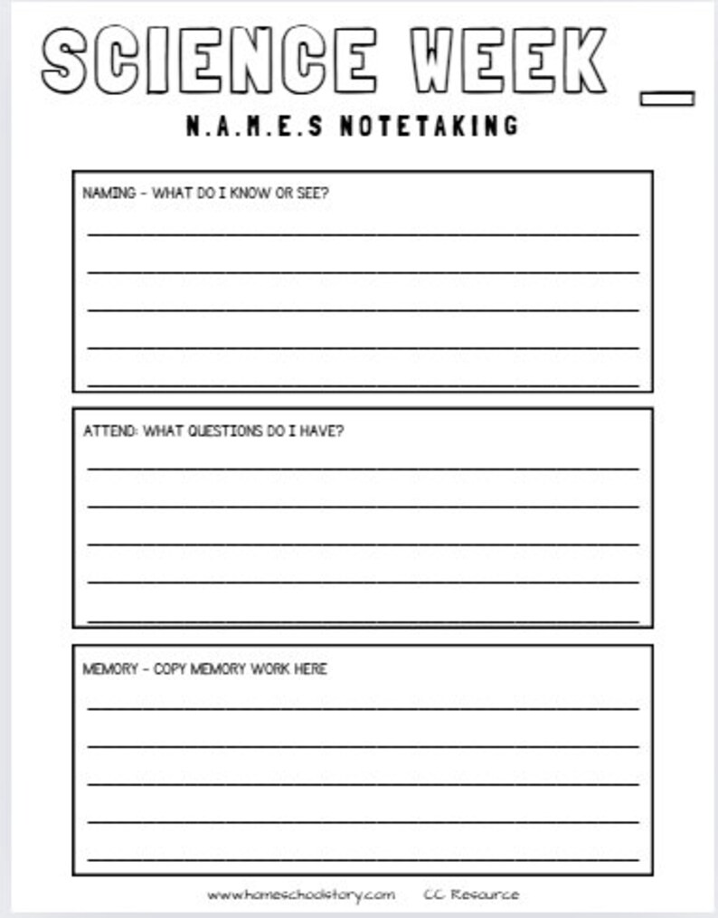 K&ouml;nnte beinhalten: Schwarzwei&szlig;es druckbares Arbeitsblatt mit dem Titel "Science Week" und dem Text "N.A.M.E.S Notetaking". Das Arbeitsblatt hat drei Abschnitte: "Naming - What do I know or see?", "Attend: What questions do I have?" und "Memory - Copy memory work here".
