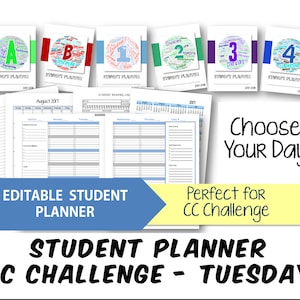 May include: Editable student planner with a blue, yellow, and white color scheme. The planner has a calendar, a reading log, and a section for notes. The planner is designed for the CC Challenge and features the word "Tuesday".