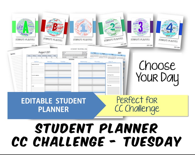 May include: Editable student planner with a blue, yellow, and white color scheme. The planner has a calendar, a reading log, and a section for notes. The planner is designed for the CC Challenge and features the word "Tuesday".