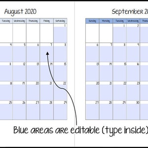 May include: A printable calendar for August and September 2020. The calendar is in a grid format with each day of the month labeled. The blue areas are editable, allowing you to add your own notes or appointments.
