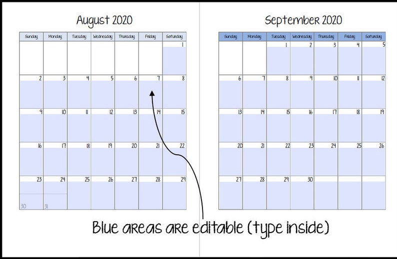 May include: A printable calendar for August and September 2020. The calendar is in a grid format with each day of the month labeled. The blue areas are editable, allowing you to add your own notes or appointments.