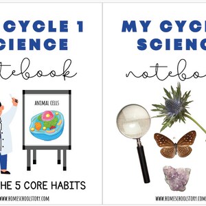 K&ouml;nnte beinhalten: Zwei Cover f&uuml;r ein Wissenschafts-Notizbuch f&uuml;r die erste Klasse. Das linke Cover zeigt einen Cartoon-Wissenschaftler, der auf ein Diagramm einer tierischen Zelle zeigt. Das rechte Cover zeigt eine Lupe, einen Schmetterling, einen Pilz, eine Distel, einen Frosch und einen violetten Kristall. Beide Cover enthalten den Text "Mein Cycle 1 Science-Notizbuch" und "Die 5 Kern-Gewohnheiten nutzen".