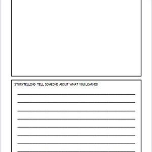 K&ouml;nnte beinhalten: Ein leeres, druckbares Arbeitsblatt mit zwei Abschnitten. Der obere Abschnitt ist mit "EXPRESSION DRAW/ILLUSTRATE HERE" beschriftet und der untere Abschnitt mit "STORYTELLING TELL SOMEONE ABOUT WHAT YOU LEARNED".