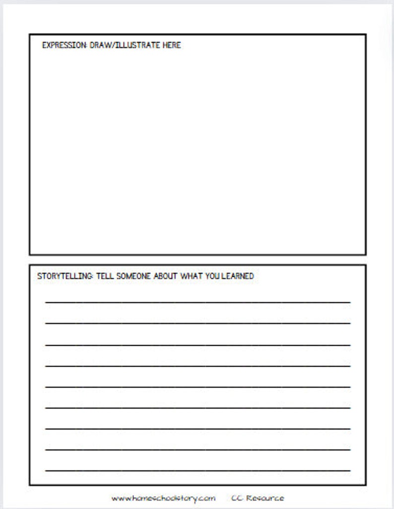 K&ouml;nnte beinhalten: Ein leeres, druckbares Arbeitsblatt mit zwei Abschnitten. Der obere Abschnitt ist mit "EXPRESSION DRAW/ILLUSTRATE HERE" beschriftet und der untere Abschnitt mit "STORYTELLING TELL SOMEONE ABOUT WHAT YOU LEARNED".