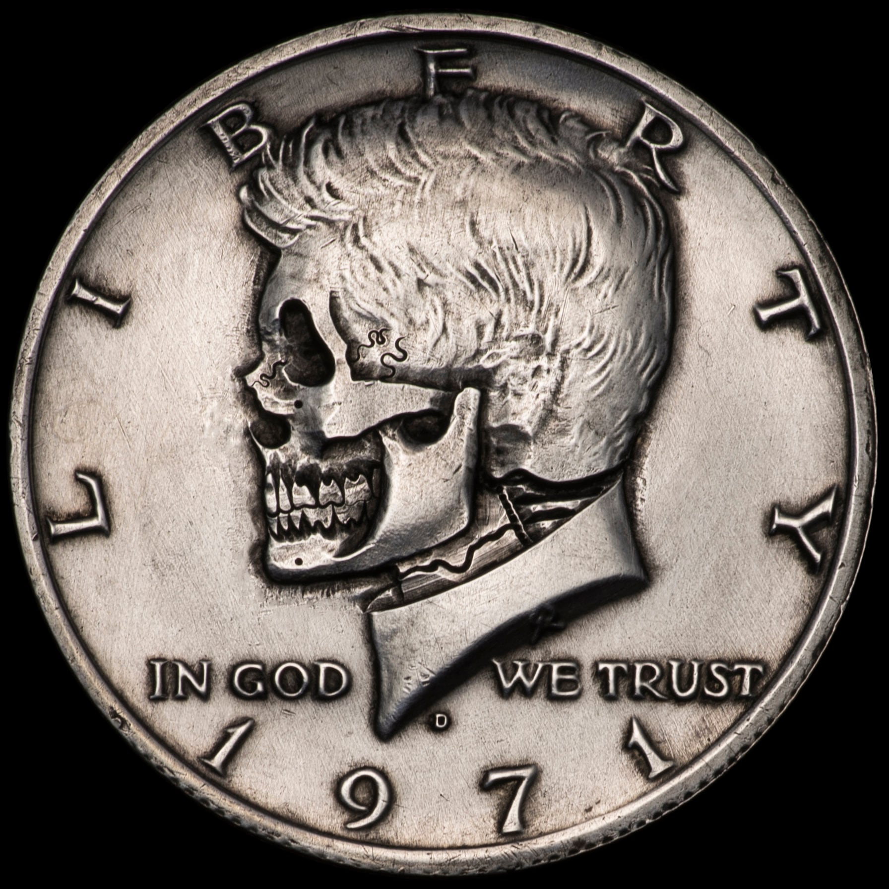 Hand Carved Kennedy Half Dollar Skull Coin: Hobo Nickel Art