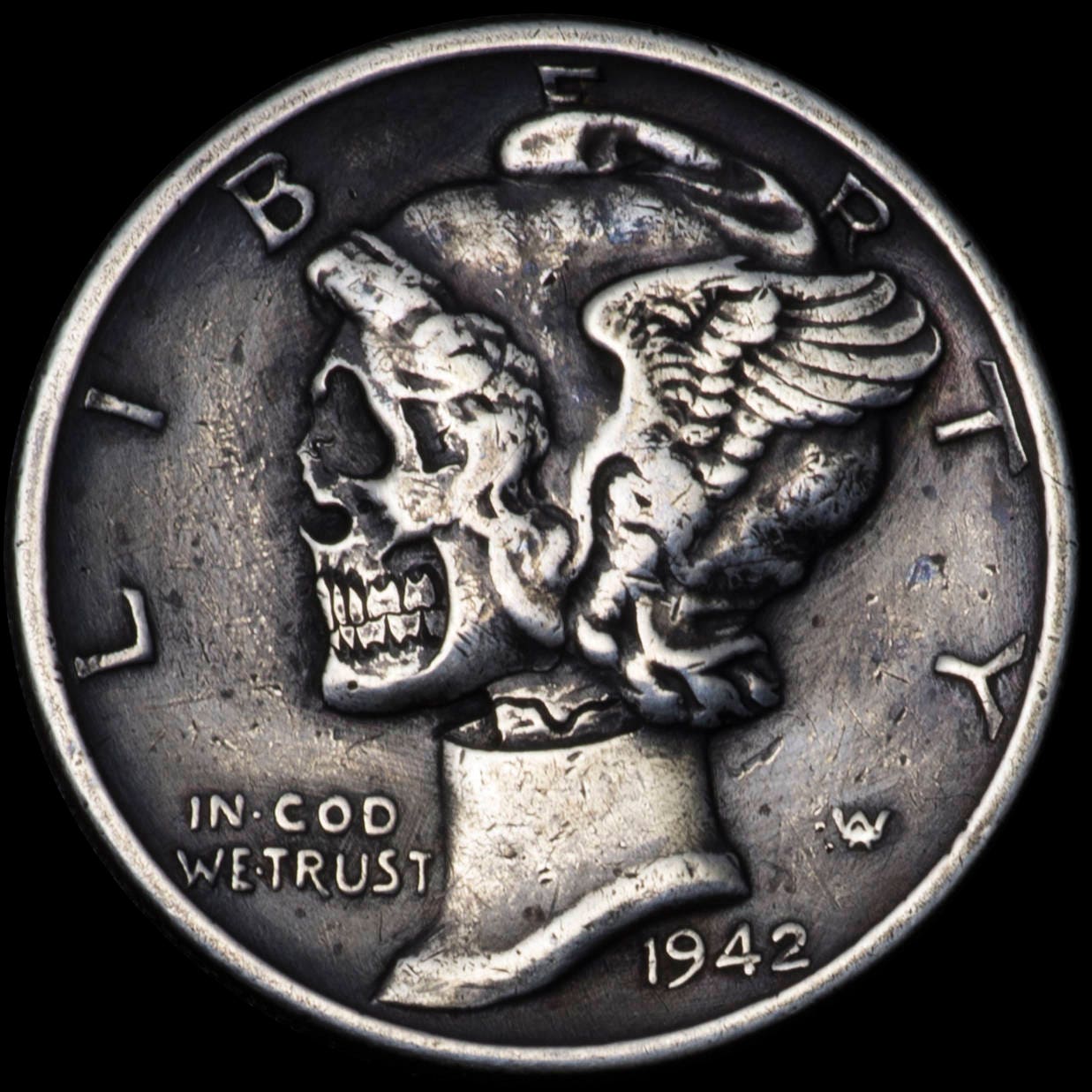 Original Hand Carved Buffalo Nickel SKULL Hobo Nickel Coin by Seth Basista  SB Carvings Human Engraved Sculpted 