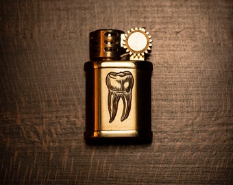 Vintage Trench Style Brass “Little Lucky Tooth Lighter” #8 Hand Engraved by Seth Basista