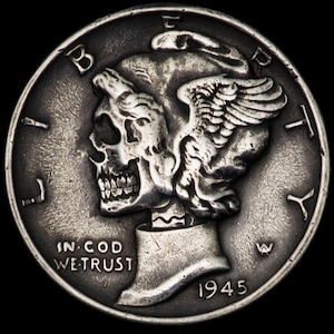 Hand Carved Silver Mercury Dime Skull Hobo Coin by Seth Basista