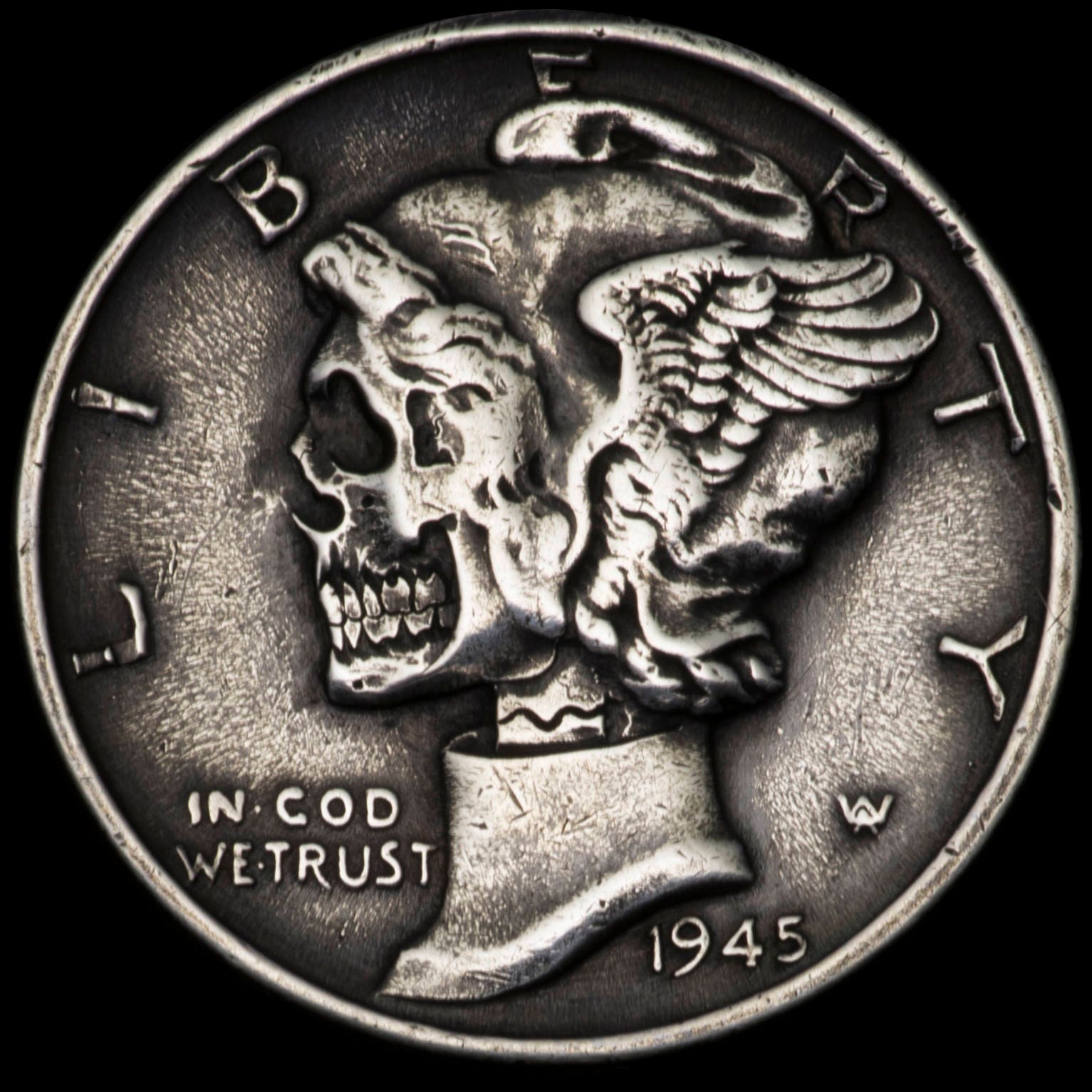 Original Hand Carved Silver Mercury Dime SKULL - Hobo nickel coin by Seth Basista SB carvings human engraved sculpted
