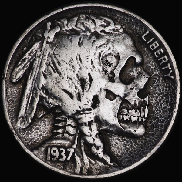 Original Hand Carved Buffalo Nickel SKULL - Hobo nickel coin by Seth Basista SB carvings human engraved sculpted