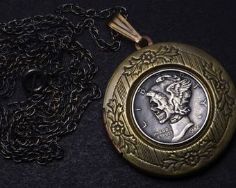 Hand Carved Silver Mercury Dime Coin human SKULL LOCKET - Hobo nickel by Seth Basista SB carvings