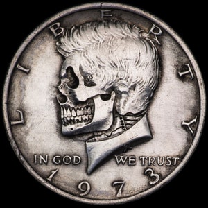 Original Hand Carved Kennedy Half Dollar SKULL - Hobo nickel coin by Seth Basista SB carvings human engraved sculpted
