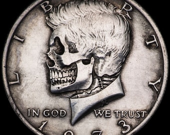 Original Hand Carved Kennedy Half Dollar SKULL - Hobo nickel coin by Seth Basista SB carvings human engraved sculpted