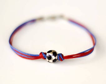 Soccer bracelet for men, sports team men's bracelet ,soccer football bead, black white ball, red blue string Barcelona Spain, gift for him