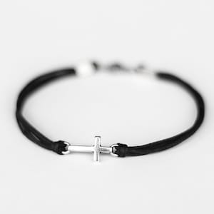 Cross bracelet for men, groomsmen gift, men&#39;s bracelet with a silver cross charm, black cord string christian gift for him catholic jewelry