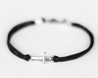 Cross bracelet for men, groomsmen gift, men's bracelet with a silver cross charm, black cord string christian gift for him catholic jewelry