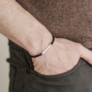 Silver bar bracelet for men, Men's bracelet, black cord, gift for him, mens jewelry, minimalist bar bracelet, personalised, color choice