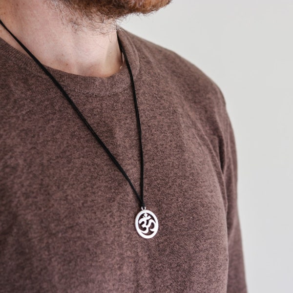 Men's necklace, black cord, silver ohm pendant, Om necklace for men, valentines day gift for him, men's jewelry, yoga jewelry, chakra mantra