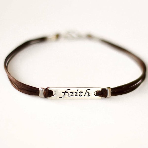 Faith bracelet for men, brown string men's bracelet with a silver 'faith' stamped motivation charm, custom gift for him, festival jewelry