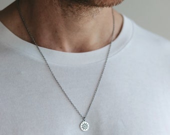 Sun necklace for men, waterproof men's necklace silver circle sun pendant, stainless chain necklace, gift for him, Yoga necklace, minimalist