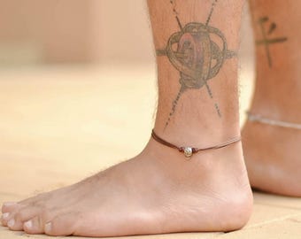 Skull anklet for men, men's anklet with a silver skull bead charm, brown string, anklet for men, gift for him, mens ankle bracelet, skeleton