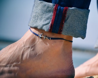 Anchor anklet for men silver plated anchor charm men's ankle bracelet blue string foot bracelets Father's Day gift gift for him surfer beach