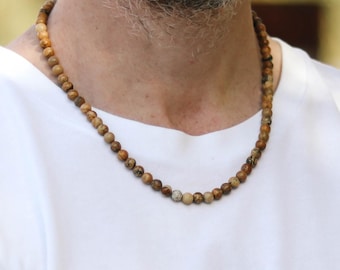 Collana Picture Jasper per uomo, collana di perline, collana da uomo con perline marroni, perline di messa a terra regolabili da 6 mm, regalo per lui, gioielli da uomo