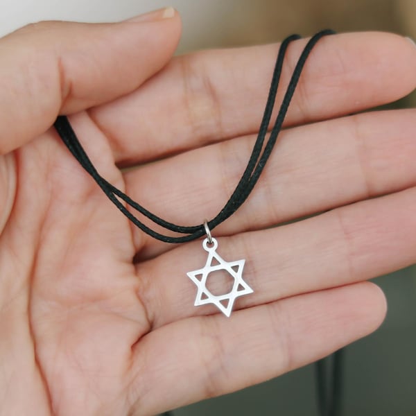 Star of David necklace for men silver tone pendant men's necklace black string Jewish gift for him waterproof Jewelry Israel Hebrew necklace