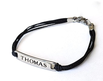 Bracciale con nome personalizzato per uomo: ciondolo in acciaio inossidabile, cordino in cotone, incisione personalizzata